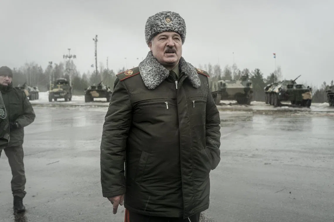  FILE — President Alexander Lukashenko of Belarus speaking to reporters during a military exercise with Russia, near Asipovichy, Belarus, on Feb. 17, 2022. The most recent manifestation of Belarus’s fealty to Moscow — and the threat it poses to the West — is its professed decision to allow Moscow to position tactical nuclear weapons on its soil, as well as outfitting its bombers with nuclear weapons. (Emile Ducke/The New York Times)