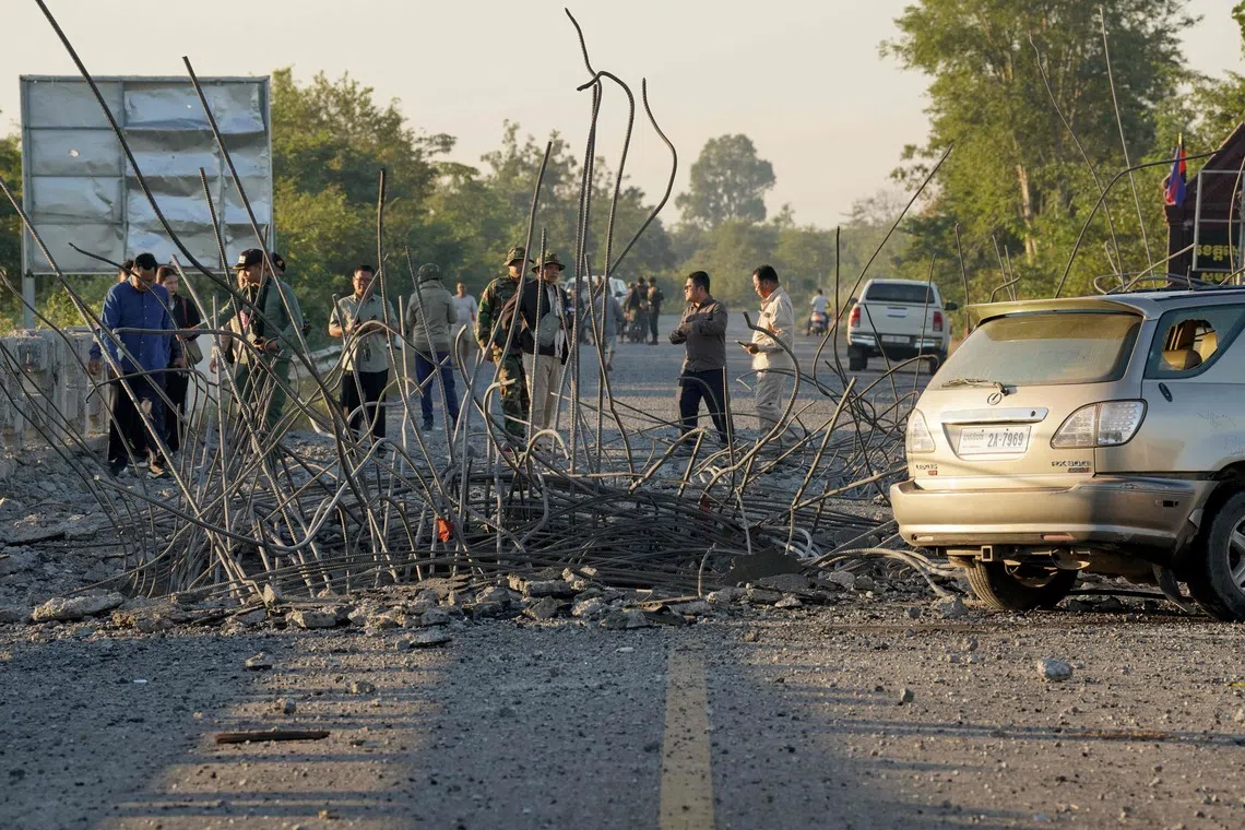 A damaged bridge in an area between Cambodia's Oddar Meanchey and Siem Reap provinces on Dec 20 after air strikes carried out by Thailand.