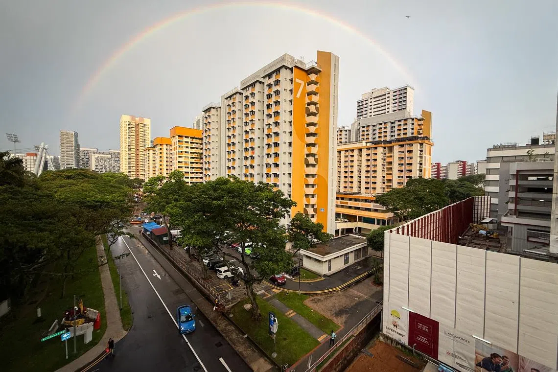 A rainbow seen over Block 7 King George's Avenue in Jalan Besar, on Feb 25, 2026. 