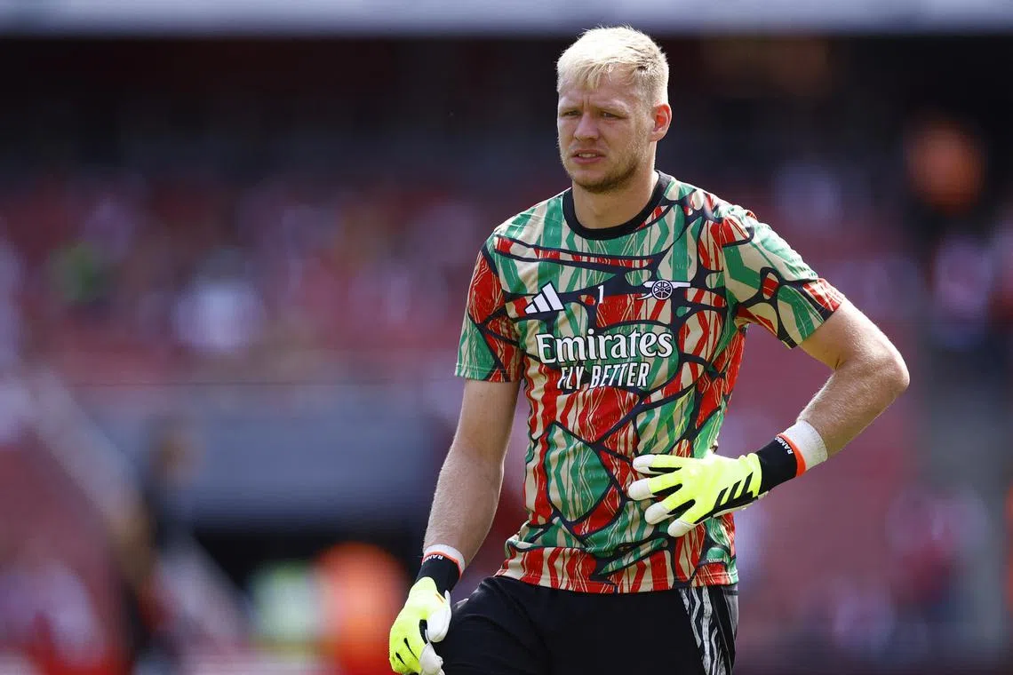 FILE PHOTO: Soccer Football - Pre Season Friendly - Arsenal v Olympique Lyonnais - Emirates Stadium, London,  Britain - August 11, 2024 Arsenal's Aaron Ramsdale during the warm up before the match Action Images via Reuters/John Sibley/File photo
