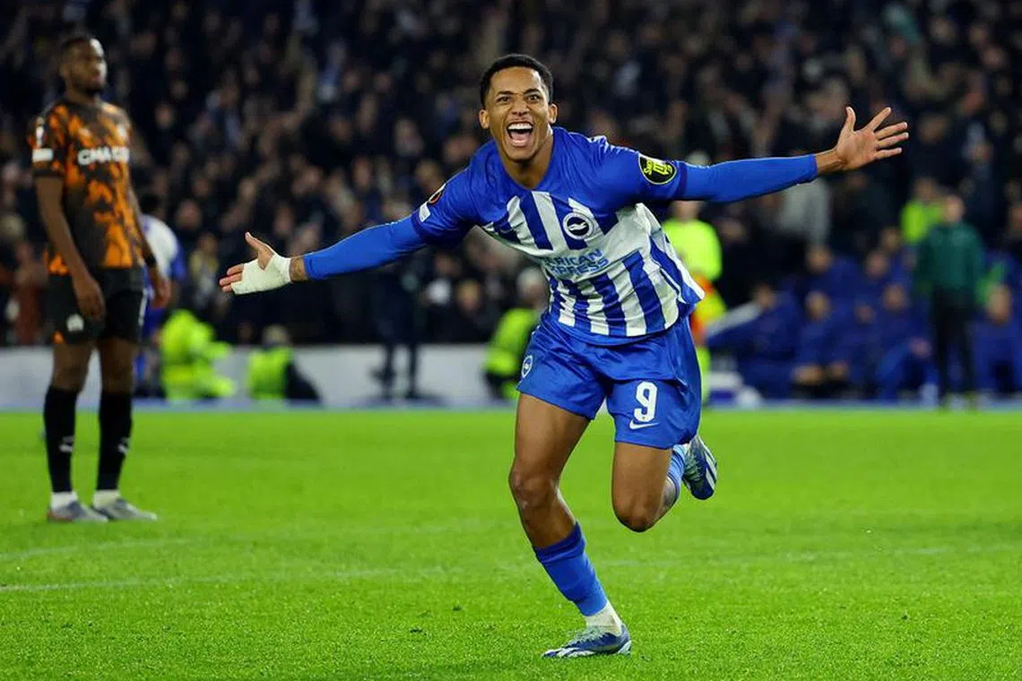 Soccer Football - Europa League - Group B - Brighton & Hove Albion v Olympique de Marseille - The American Express Community Stadium, Brighton, Britain - December 14, 2023  Brighton & Hove Albion's Joao Pedro celebrates scoring their first goal REUTERS/Toby Melville