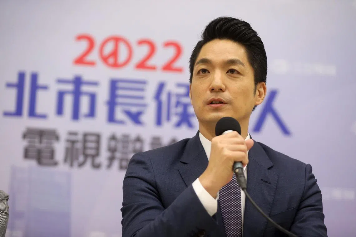 Wayne Chiang Wan-an, Kuomintang (KMT) party's candidate for Taipei mayor, speaks during a news conference following a debate in Taipei, Taiwan, on Saturday, Nov. 5, 2022. Taiwan will hold local elections on Nov. 26. Photographer: I-Hwa Cheng/Bloomberg