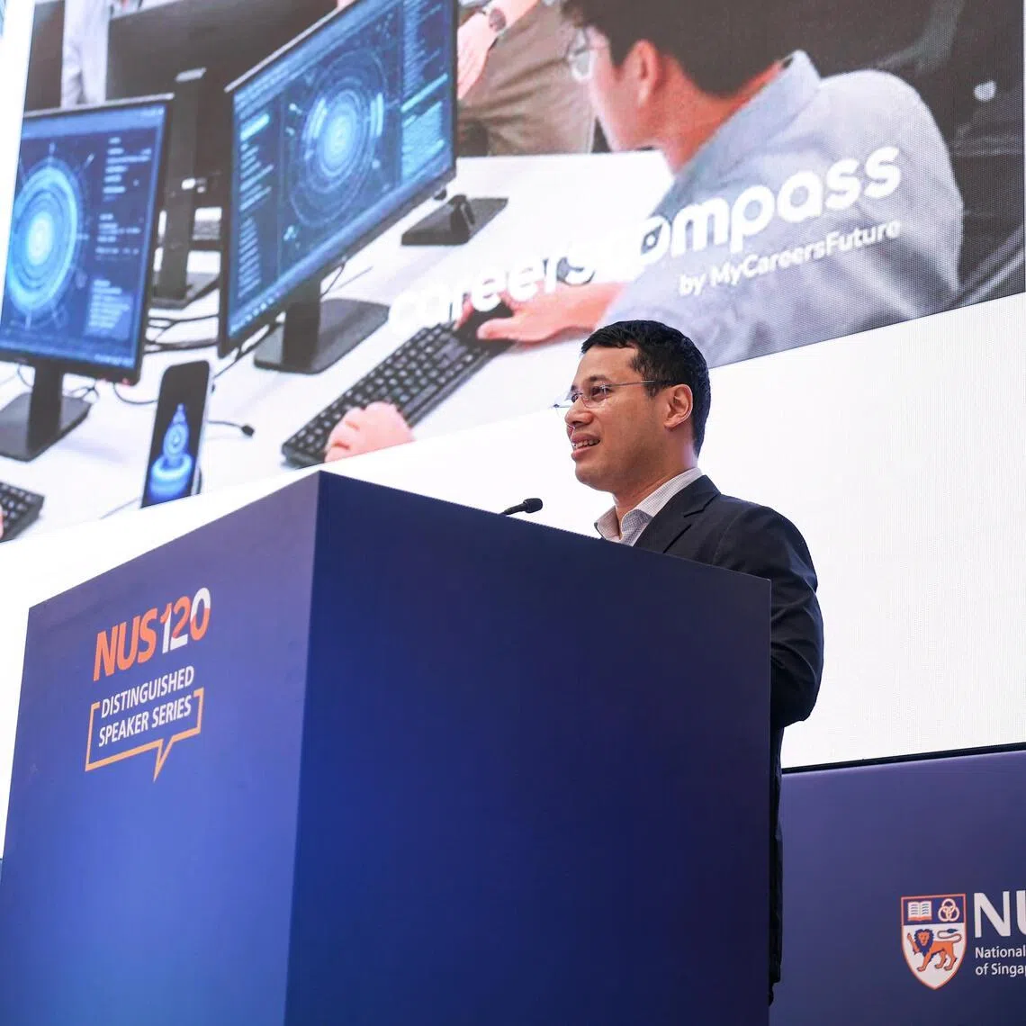 Minister for Education Desmond Lee speaking to attendees of the NUS120 Distinguished Speaker Series at the National University of Singapore on May 21, 2026. ST PHOTO: BRIAN TEO