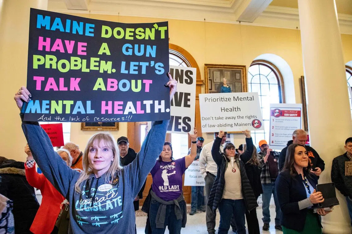 Pro-gun supporters protest at the gun safety rally at the State House in Augusta, Maine, on Jan 3, 2024. On Oct 25, 2023 Robert Card shot and killed 18 people, injuring 13 others, during a mass shooting in Lewiston, Maine. 