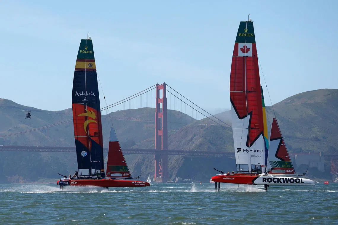 The Spanish and Canadian teams racing on day 2 of the San Francisco SailGP on March 23, 2025 in California.