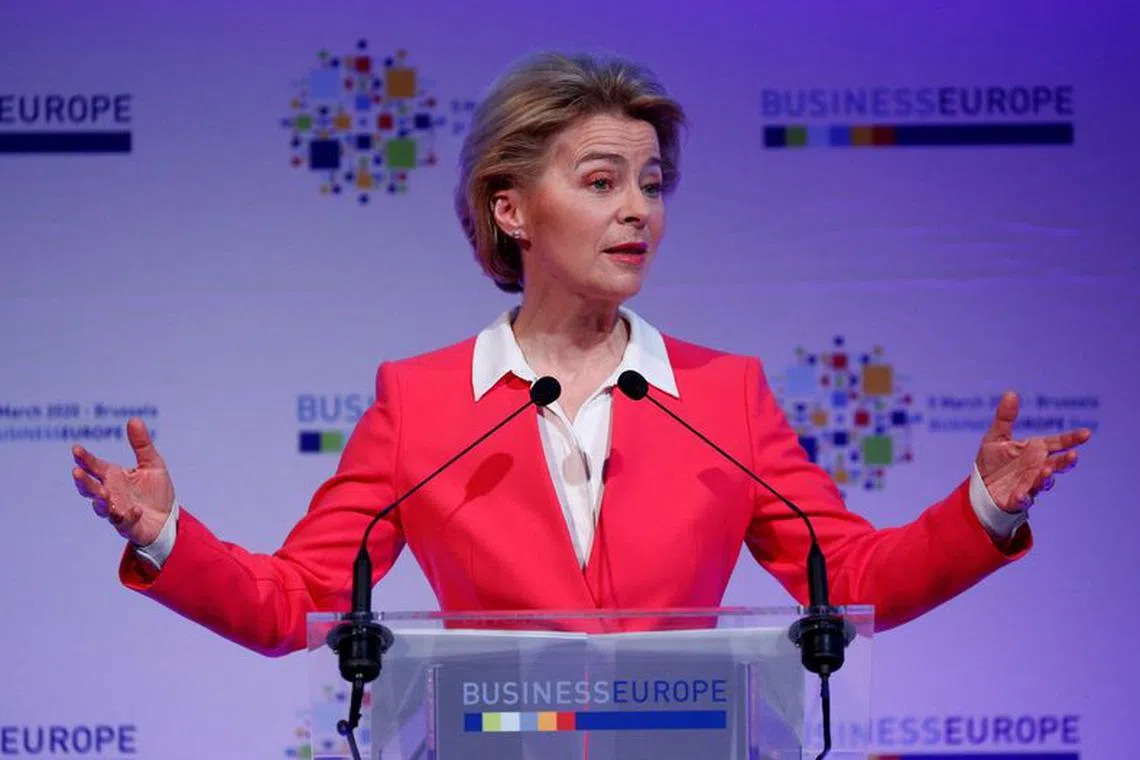 FILE PHOTO: European Commission President Ursula von der Leyen delivers a speech at BusinessEurope conference in Brussels, Belgium March 5, 2020. REUTERS/Francois Lenoir/File Photo