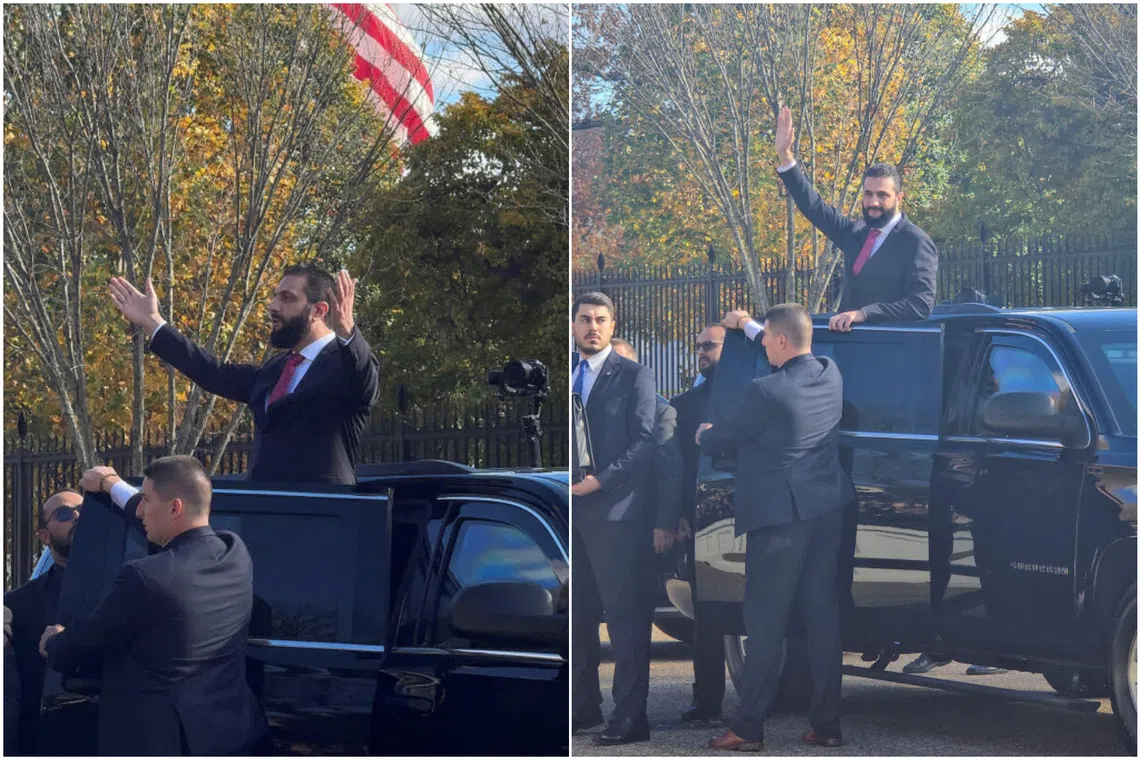 Syria's President Ahmed al-Sharaa greets supporters in the street outside the White House after meeting with US President Donald Trump.