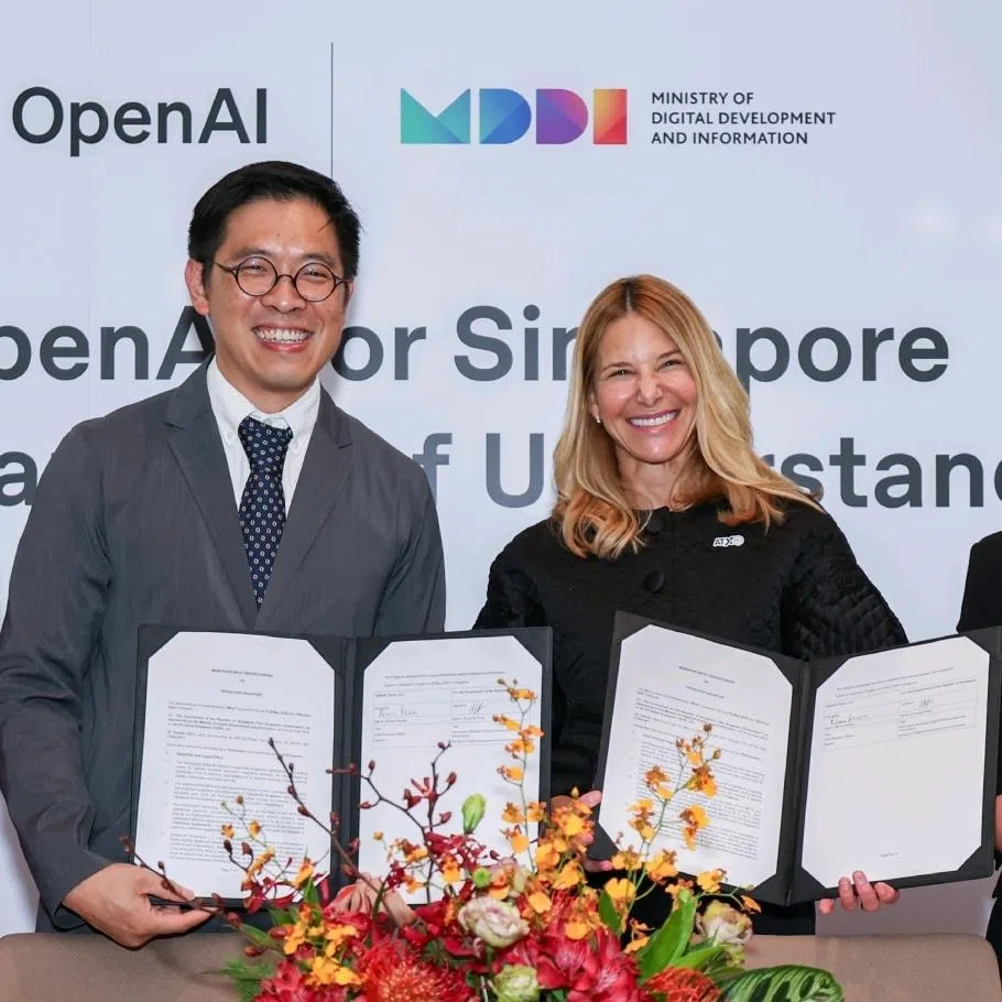 (From left) Minister for Digital Development and Information Josephine Teo, Mr Chng Kai Fong, MDDI Permanent Secretary (Digital Development and Information), Ms Denise Dresser OpenAI chief revenue officer, and Ms Sandy Kunvatanagarn, head of public policy, SEA, OpenAI, during the MDDI-OpenAI MOU signing on May 20.
