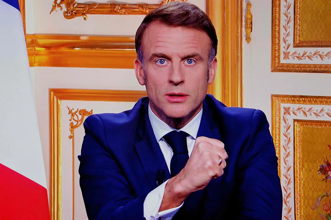 French President Emmanuel Macron addressing the nation during a televised broadcast from the presidential Elysee Palace on Dec 5.