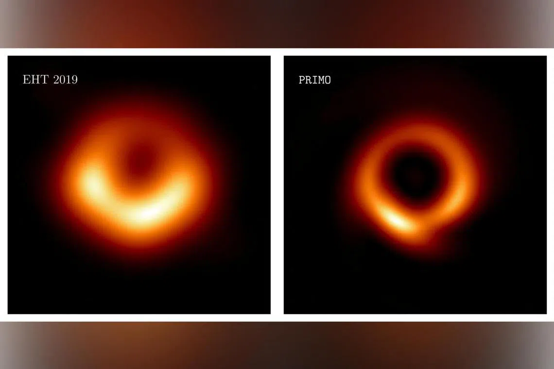 The first version of the supermassive black hole in 2019 is seen on the left, with the new image on the right.