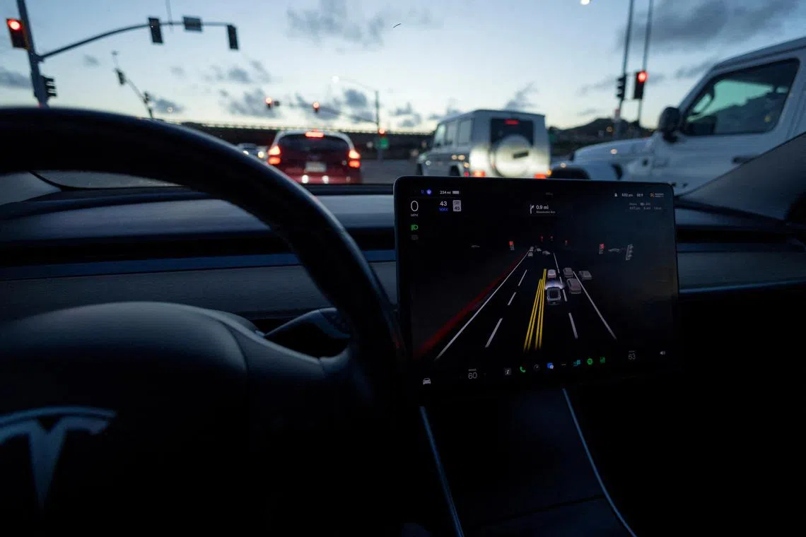 A Tesla Model 3 vehicle is shown using the Autopilot Full Self Driving Beta software while navigating a city road in California in February. The brand's advanced driver assistance system is suspected of being in use during a March 15 accident in North Carolina. 