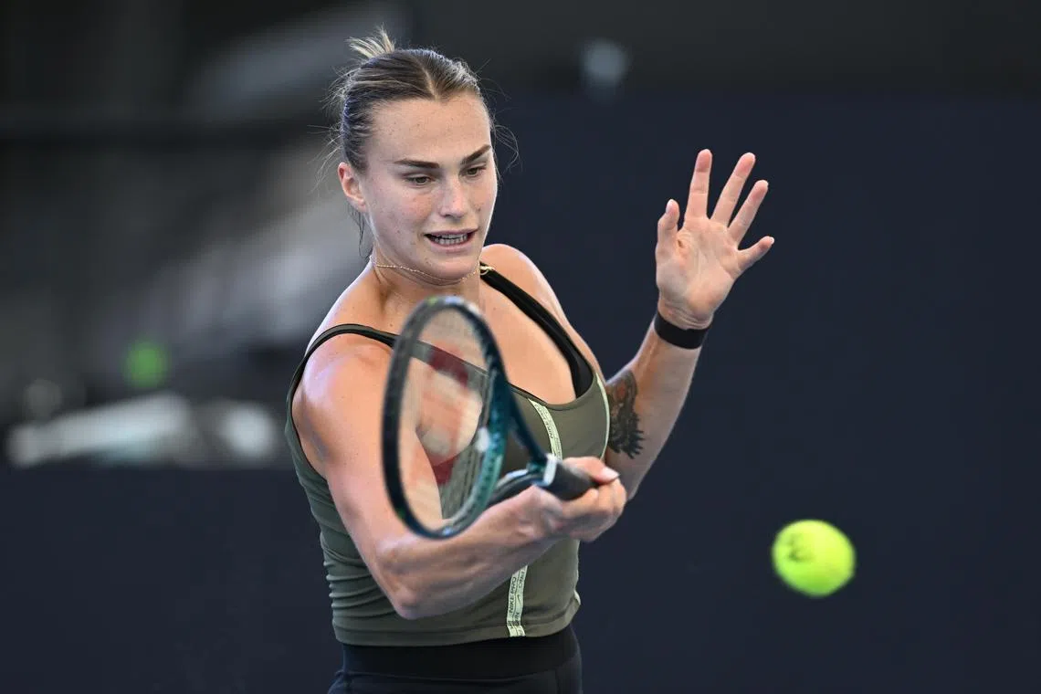 Aryna Sabalenka practising ahead of the Brisbane International at the Queensland Tennis Centre in Brisbane on Dec 28.