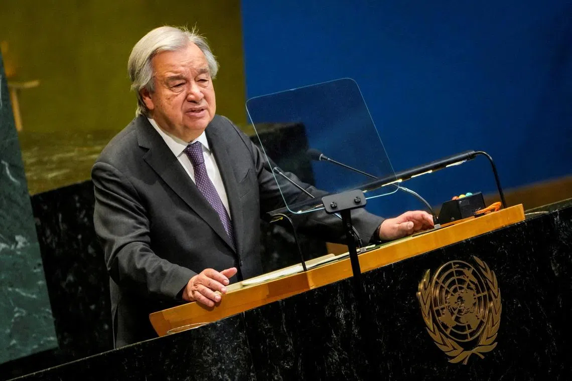 FILE PHOTO: United Nations Secretary-General Antonio Guterres speaks to delegates during a meeting on Nuclear Non-Proliferation Treaty at U.N. headquarters in New York City, U.S., April 27, 2026. REUTERS/Eduardo Munoz/File Photo