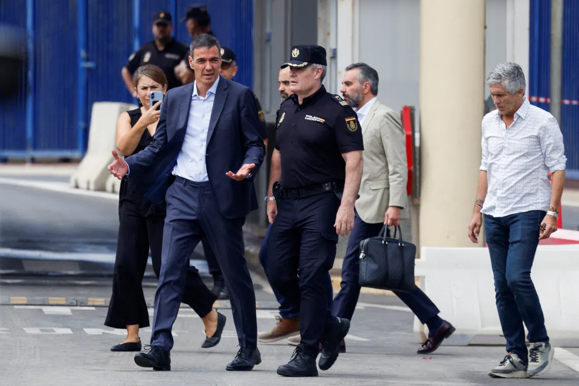 Spanish Prime Minister Pedro Sanchez visits the border area, amid mass crossings of migrants on foot and by sea from Morocco into Spanish territory, in Ceuta, Spain, July 31, 2026. REUTERS/Jon Nazca