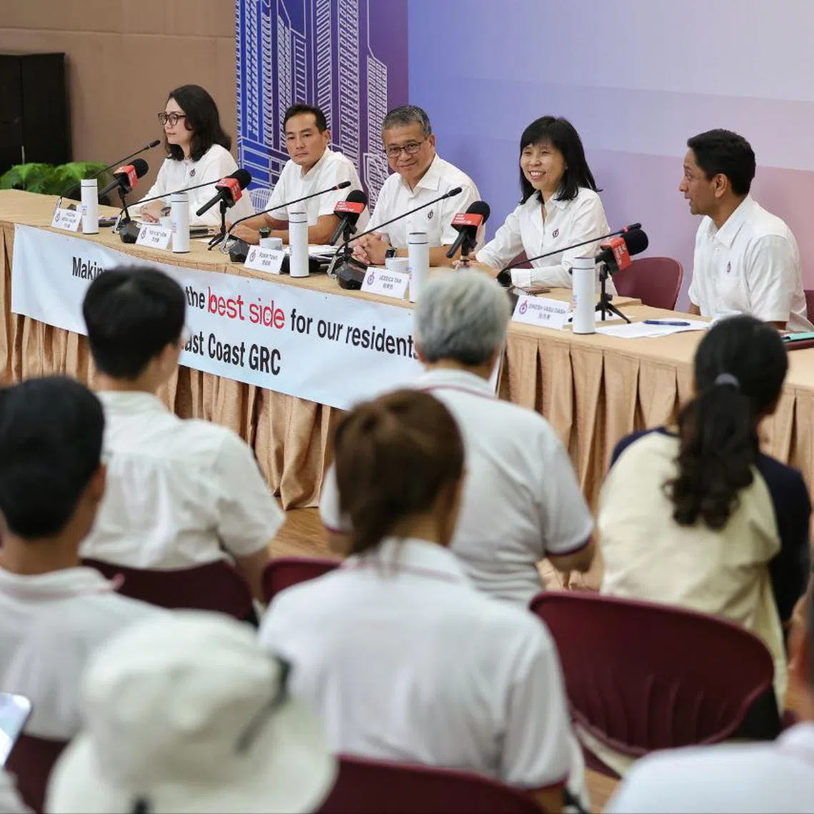 (From left) Ms Hazlina Abdul Halim, Senior Minister of State for National Development Tan Kiat How, Culture, Community and Youth Minister Edwin Tong, Ms Jessica Tan and Mr Dinesh Vasu Dash during a PAP press conference on April 23.