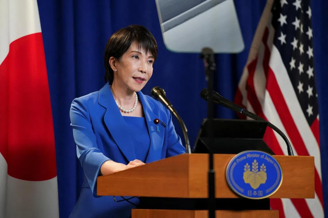 Japanese PM Sanae Takaichi addressing the media during a press conference after speaking at the United Nations General Assembly on Sept 23.