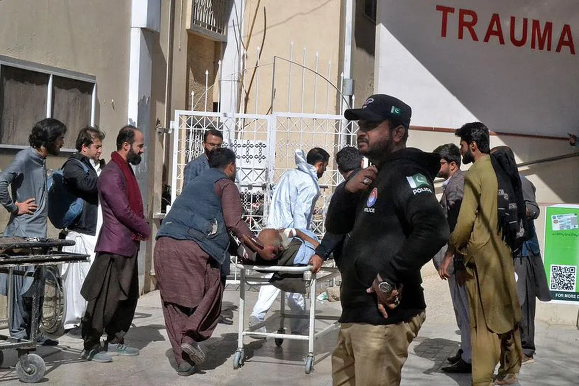 A man, who was injured in a blast in Khanozai, is rushed to hospital for treatment in Quetta, Pakistan, February 7, 2024. REUTERS/Stringer NO RESALES. NO ARCHIVES.
