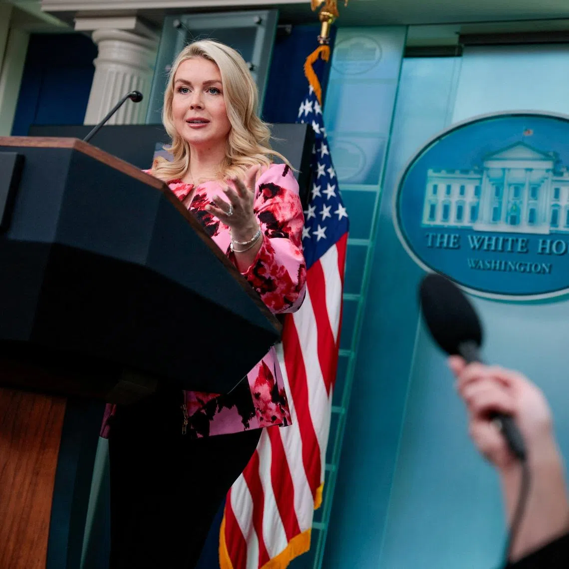 White House Press Secretary Karoline Leavitt speaks during a press briefing in the James S. Brady Press Briefing Room at the White House in Washington, D.C., U.S., March 30, 2026. REUTERS/Evan Vucci