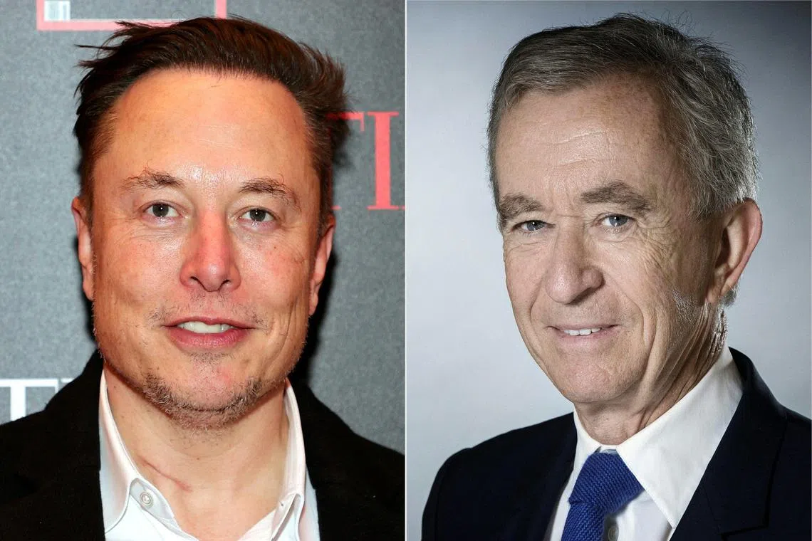 Elon Musk (left) briefly lost the top spot to Bernard Arnault, whose family owns the world’s leading luxury group, LVMH.