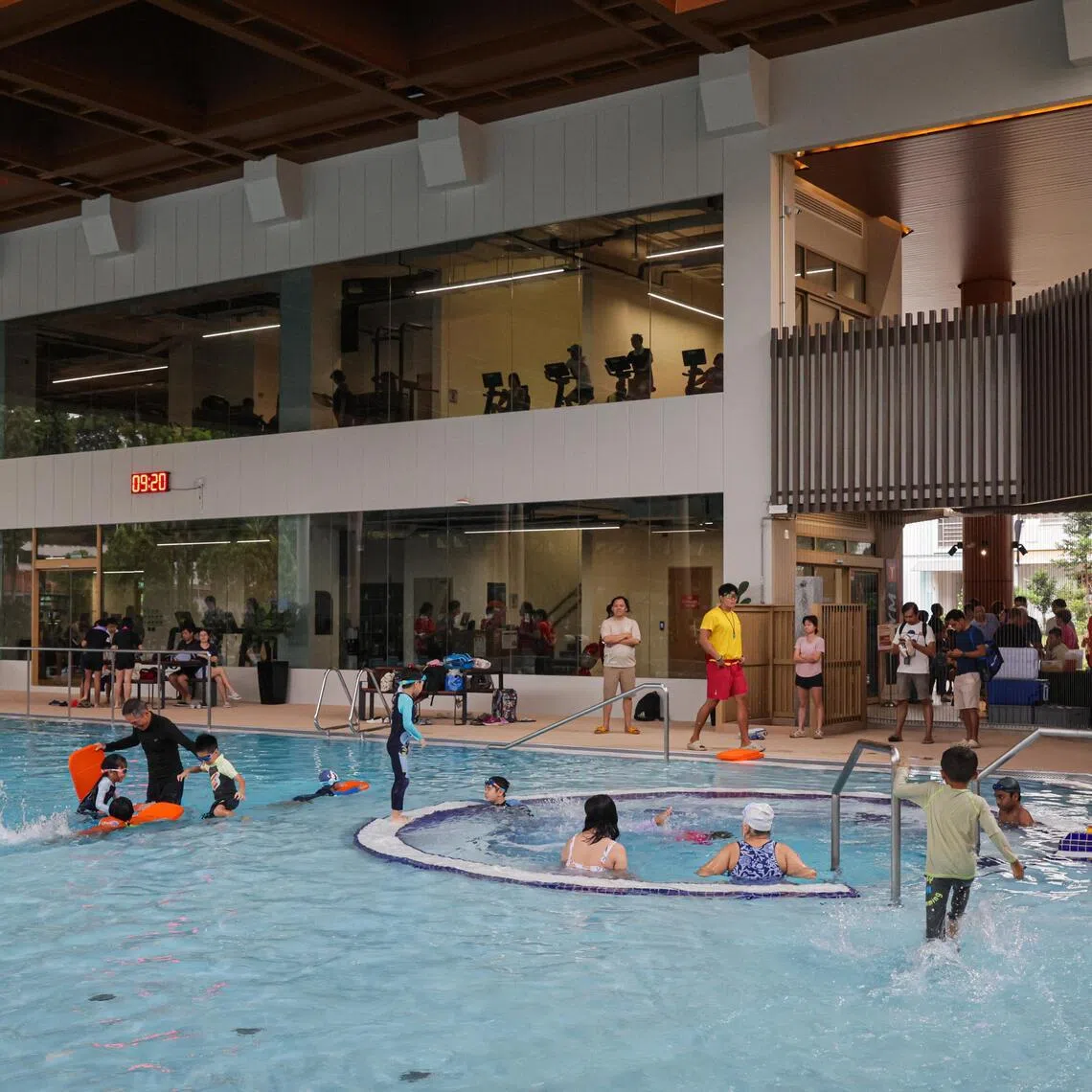 A sheltered multi-generational pool designed to support low-impact physical activity, rehabilitation, and relaxation at the the ActiveSG Sport Park @ Teck Ghee.