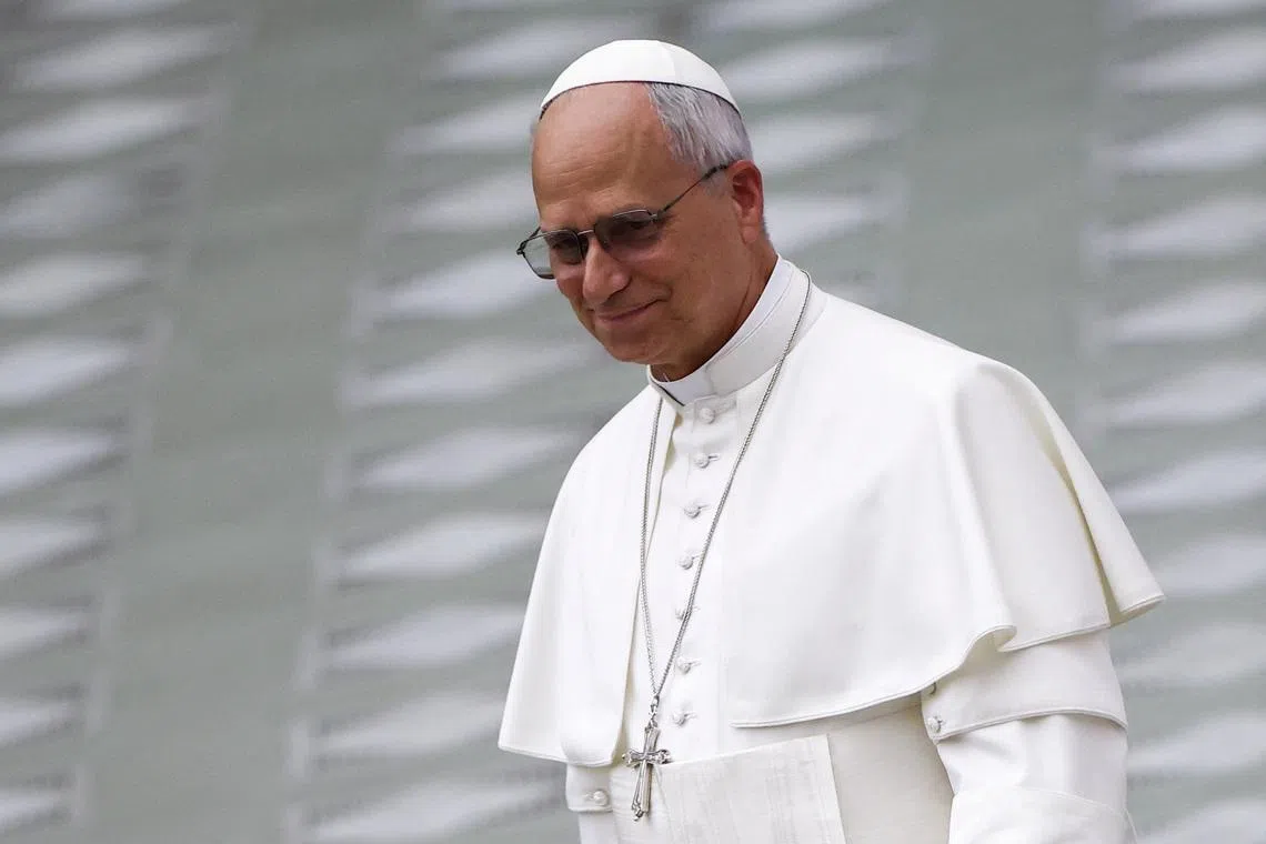 Pope Leo XIV walks after delivering his speech during the swearing-in ceremony of new Swiss Guards in the Paul VI Hall at the Vatican, May 6, 2026. REUTERS/Guglielmo Mangiapane/File Photo