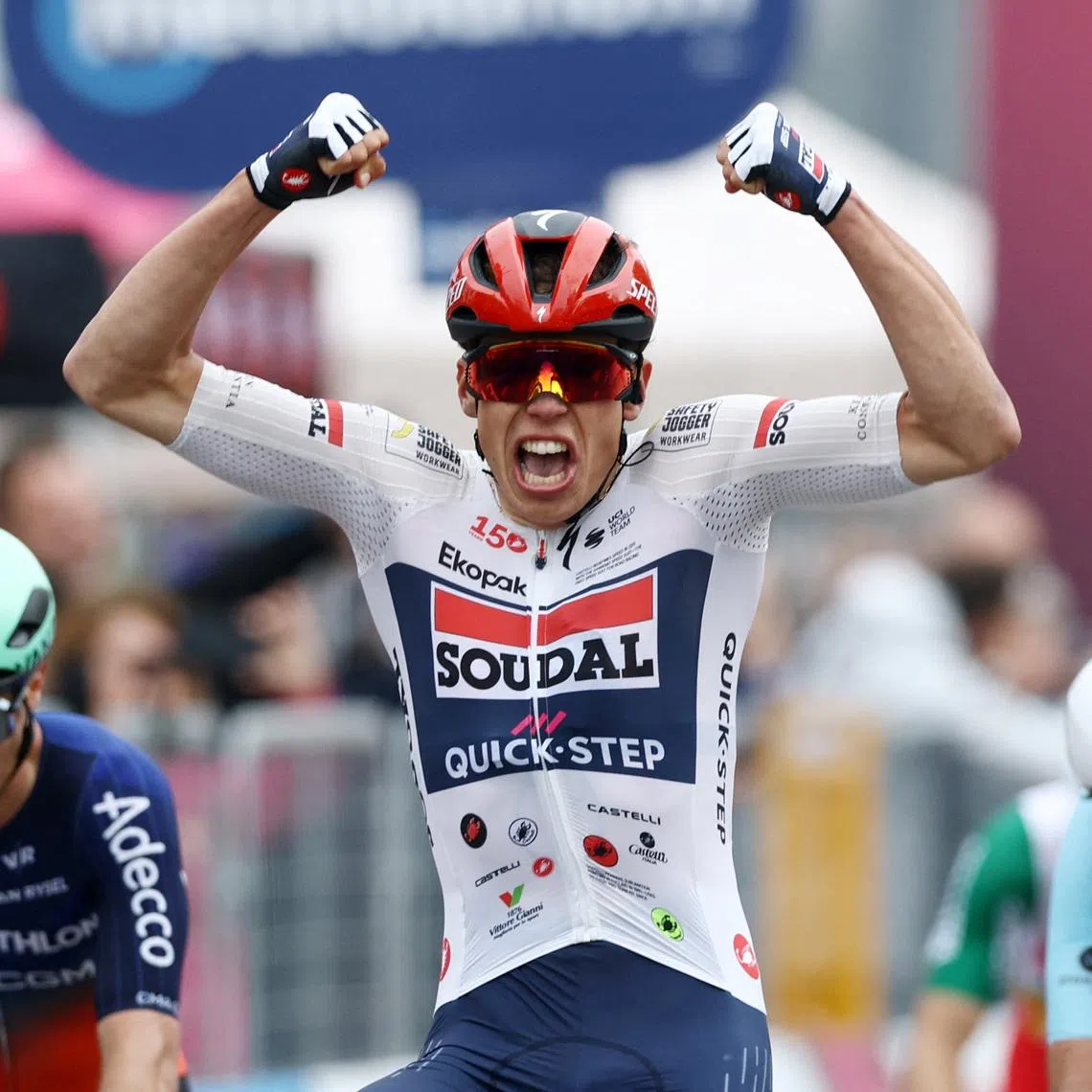 Cycling - Giro d'Italia - Stage 1 - Nessebar to Burgas - Bulgaria - May 8, 2026 Soudal Quick Step's Paul Magnier celebrates after crossing the line to win stage 1 REUTERS/Stoyan Nenov