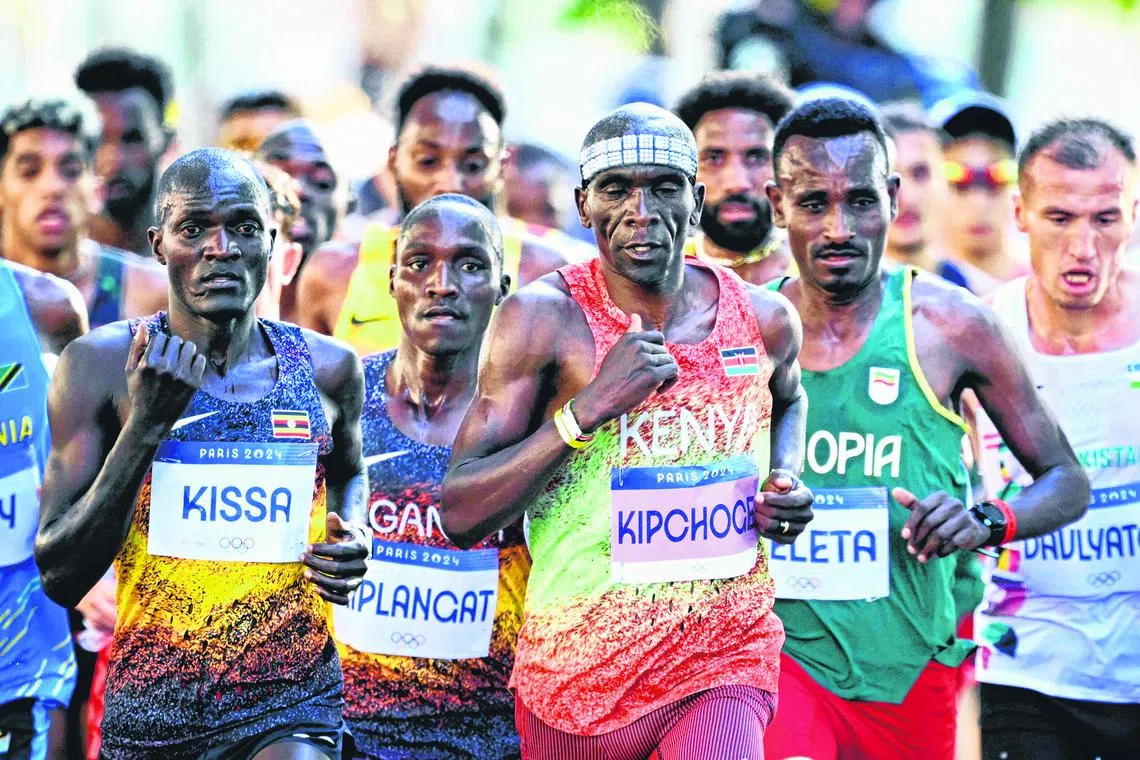 Kenya's Eliud Kipchoge and other athletes compete in the men's marathon at the Paris 2024 Olympic Games.
