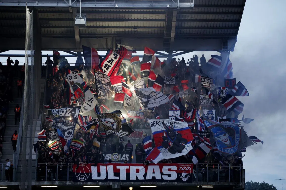 Soccer Football - Ligue 1 - Metz v Paris St Germain - Stade Saint-Symphorien, Metz, France - May 19, 2024 Paris St Germain fans in the stands during the match REUTERS/Benoit Tessier
