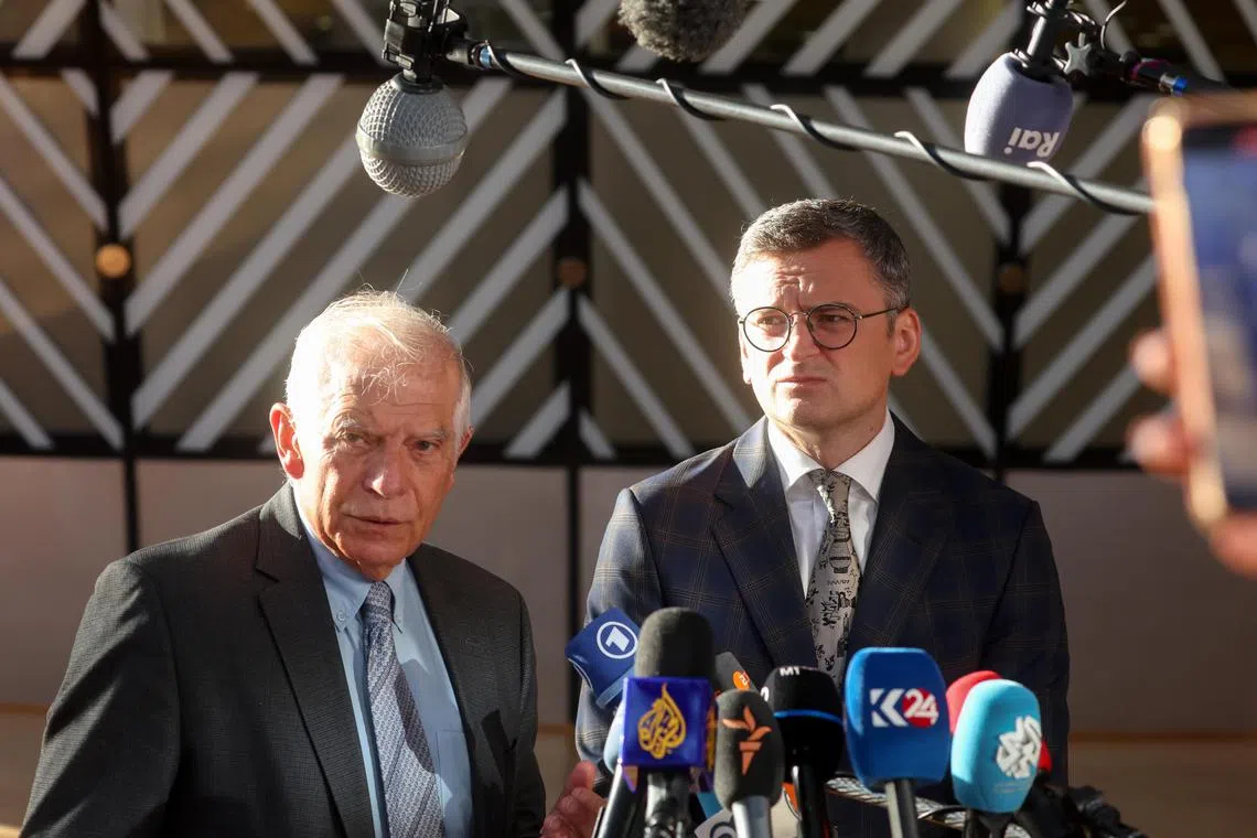 EU foreign policy chief, Josep Borrell (left) and Ukrainian Foreign Minister Dmytro Kuleba speaking to the media ahead of an Informal meeting of European foreign affairs ministers in Brussels, on Aug 29.