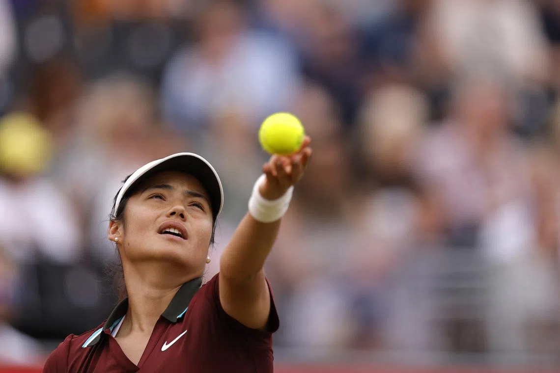FILE PHOTO: Tennis - Queen's Club Championships - Queen's Club, London, Britain - June 13, 2025 Britain's Emma Raducanu in action during her quarter final match against China's Qinwen Zheng Action Images via Reuters/Andrew Couldridge/File Photo
