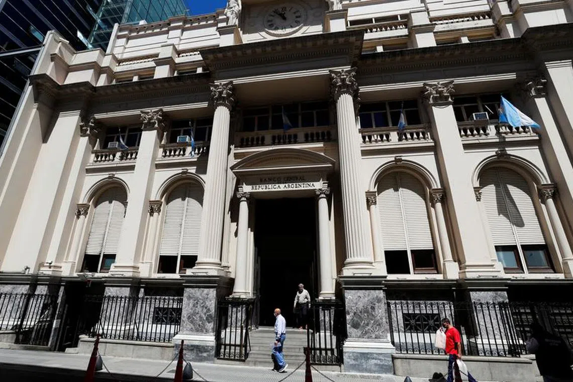 The facade of Argentina's Central Bank is pictured in the financial district of Buenos Aires, Argentina December 7, 2021. REUTERS/Agustin Marcarian/File Photo
