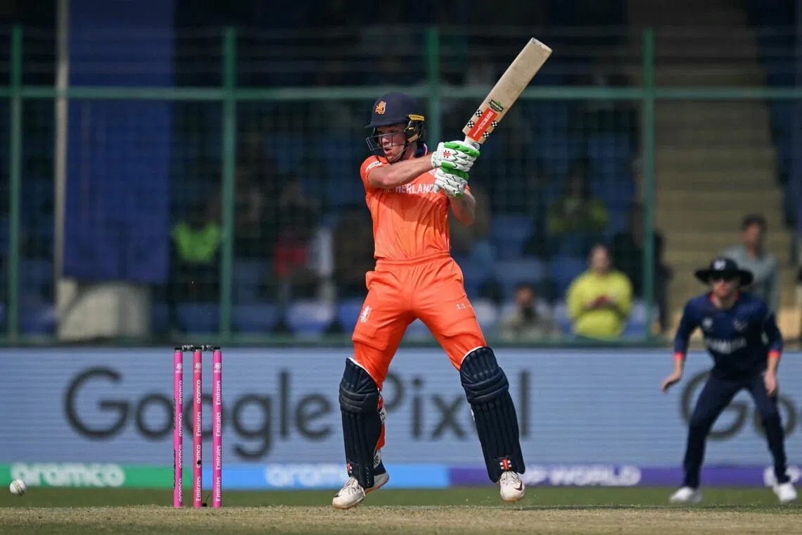 The Netherlands' Bas de Leede plays a shot in the ICC Men's T20 Cricket World Cup group-stage match against Namibia at the Arun Jaitley Stadium in New Delhi on Feb 10, 2026. He was 72 not out in the seven-wicket win.