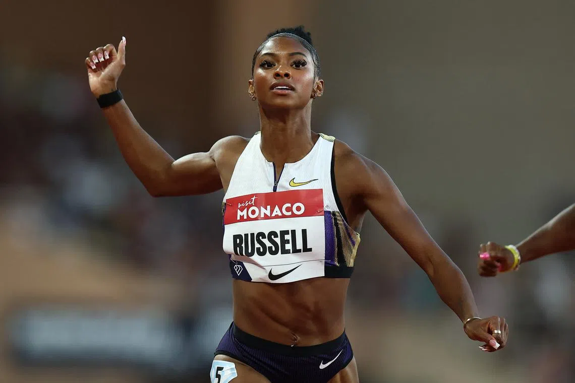 FILE PHOTO: Athletics - Diamond League - Monaco - Stade Louis II, Monaco - July 11, 2025 Masai Russell of the U.S. in action during the Women's 100m Hurdles final REUTERS/Manon Cruz/File Photo