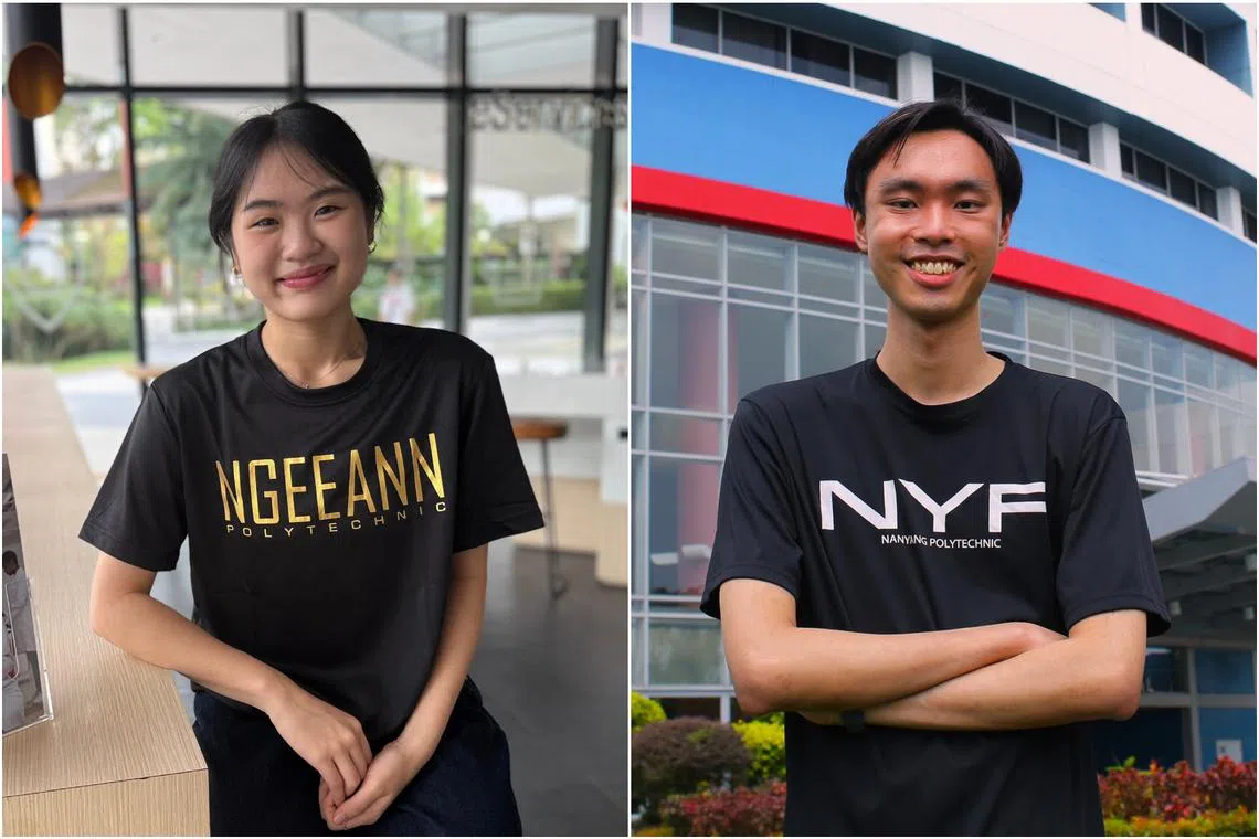 Ngee Ann Poly student Tan Zhi En (left) left River Valley High to study biomedical sciences while Nanyang Poly student Kang Wen Yu left after finding it was not a good fit.
