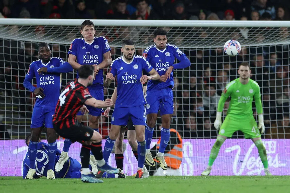Leicester City players defending against a Lewis Cook free-kick during their 1-0 win over Bournemouth in an FA Cup fifth-round match on Feb 28.