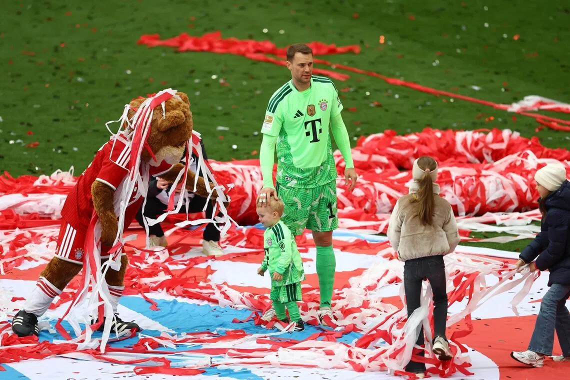 Bayern Munich's Manuel Neuer celebrates after receiving the Bundesliga trophy following the 5-1 win over FC Cologne at the Allianz Arena in Munich, Germany on May 16, 2026.