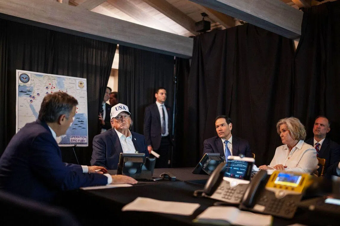 US President Donald Trump (2nd from left), US Secretary of State Marco Rubio (3rd from right) and White House Chief of Staff Susie Wiles (2nd from right) monitoring activity related to “Operation Epic Fury” against Iran from an unnamed location, on Feb 28, 2026. 
