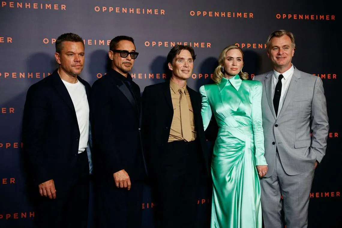 Director Christopher Nolan, cast members Matt Damon, Robert Downey Jr., Cillian Murphy and Emily Blunt pose during a photocall before the premiere of the film \"Oppenheimer\" at the Grand Rex in Paris, France, July 11, 2023. REUTERS/Sarah Meyssonnier/File Photo