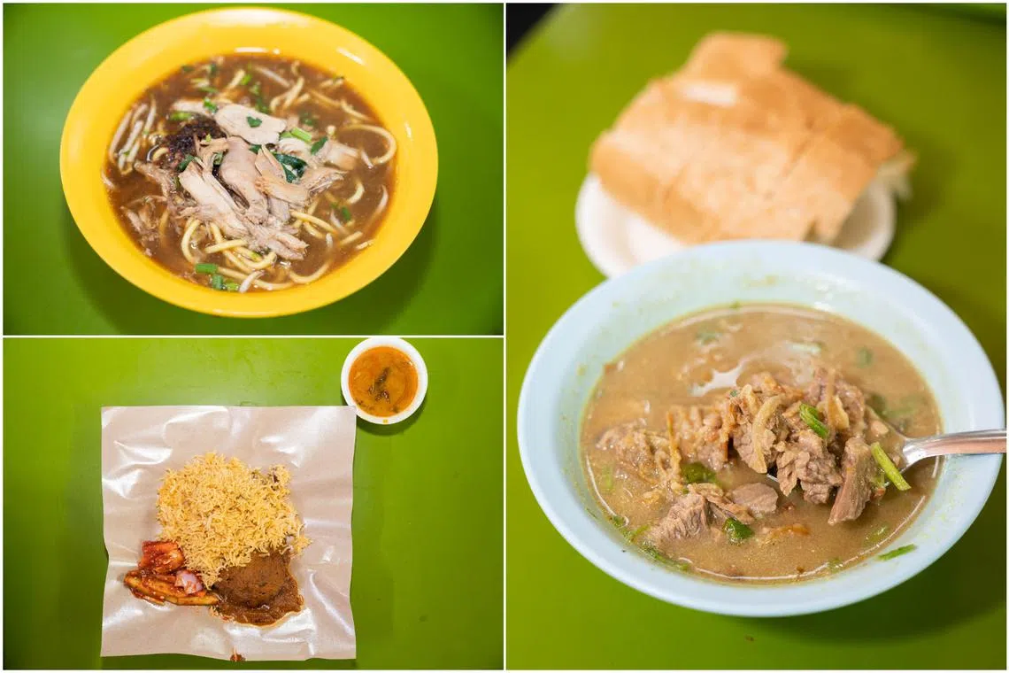 (Clockwise from top left) Mee soto from Selamat Datang Warong Pak Sapari and mutton soup and mutton briyani from Bahrakath Mutton Soup.