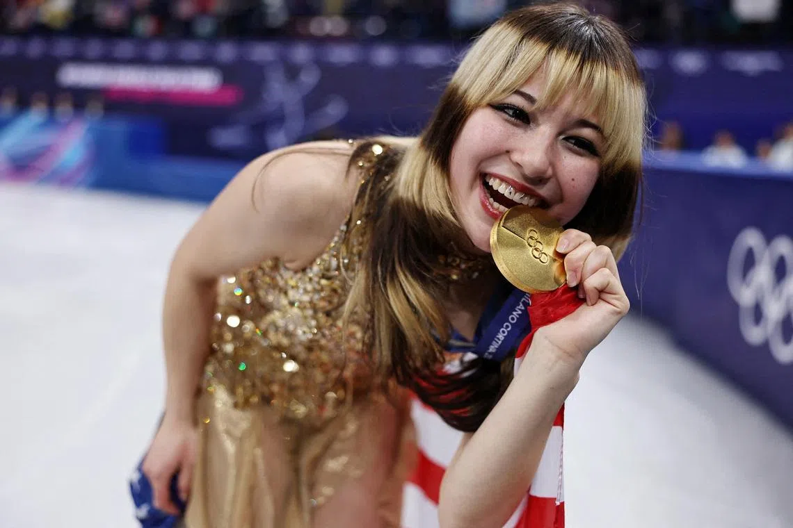 American figure skater Alysa Liu celebrating after winning the women's singles at the Winter Olympics on Feb 19.