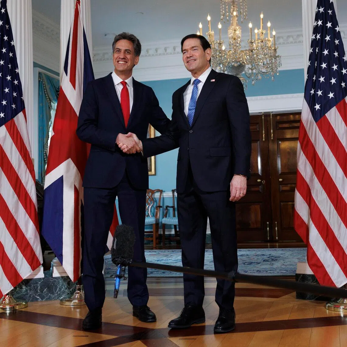 US Secretary of State Marco Rubio (right) meeting British Foreign Secretary Ed Miliband at the US State Department in Washington, on Aug 5.
