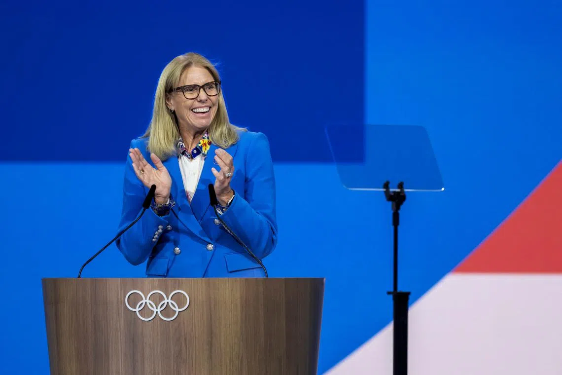 Brisbane 2032 Olympic and Paralympic Organising Committee CEO Cindy Hook speaks at Costa Navarino, Greece on March 20.