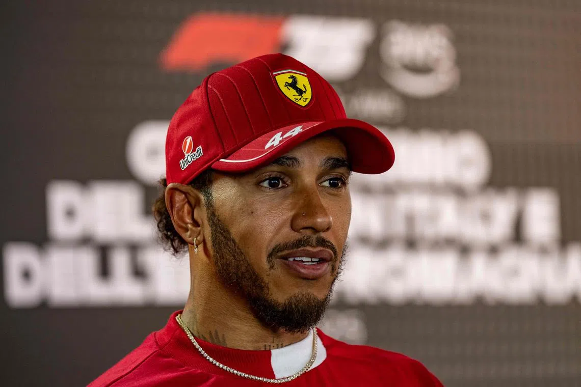 Ferrari's Lewis Hamilton speaking during a TV interview ahead of this year's Emilia Romagna grand prix.