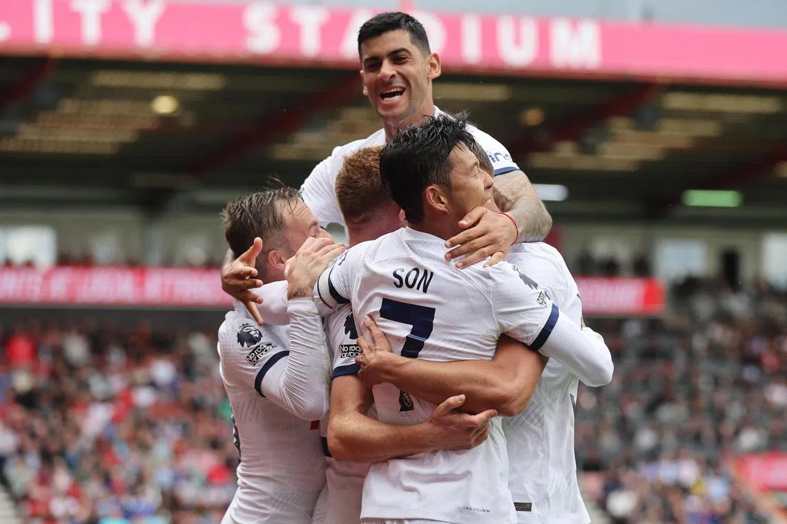 Tottenham Hotspur players celebrating after scoring their second goal in the 2-0 win over Bournemouth.