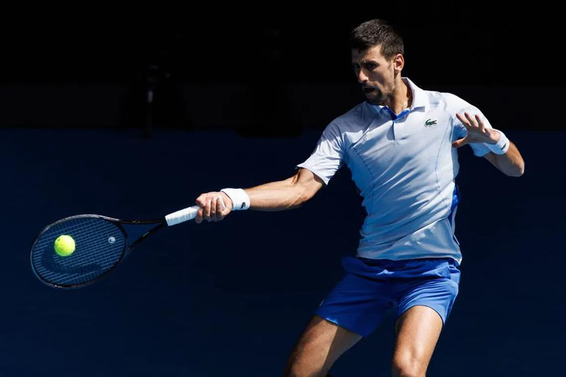 Jan 26, 2024; Melbourne, Victoria, Australia; 
Novak Djokovic of Serbia in action against Jannik Skinner of Italy in the semi-finals of the men’s singles at the Australian Open. Mandatory Credit: Mike Frey-USA TODAY Sports/File Photo