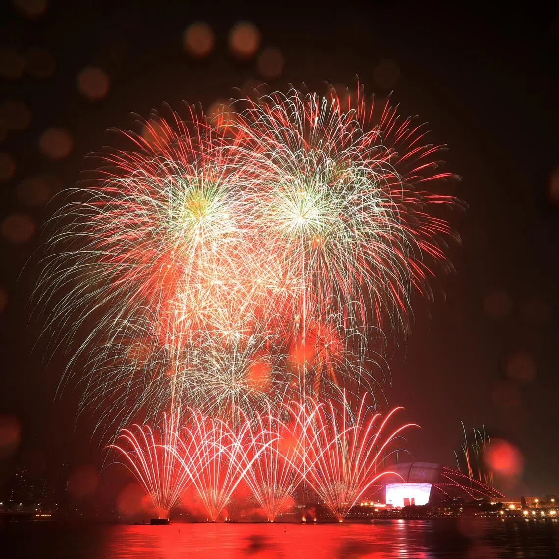 Fireworks from the first National Education show of the 2026 National Day Parade, photographed from Tanjong Rhu View on July 11.