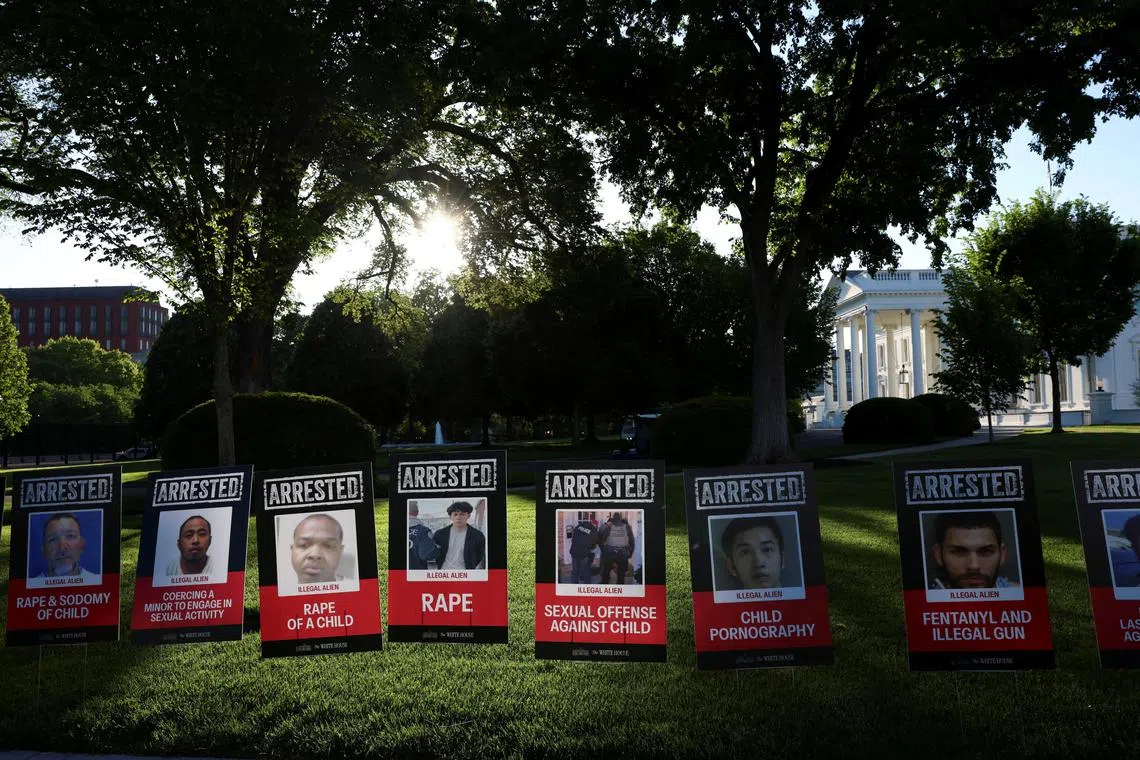 In his first hundred days in office, Trump has moved to strip legal immigration status from hundreds of thousands of people. On Sunday, the White House plastered across the lawnposters of people described as arrested illegal immigrants. REUTERS/Evelyn Hockstein