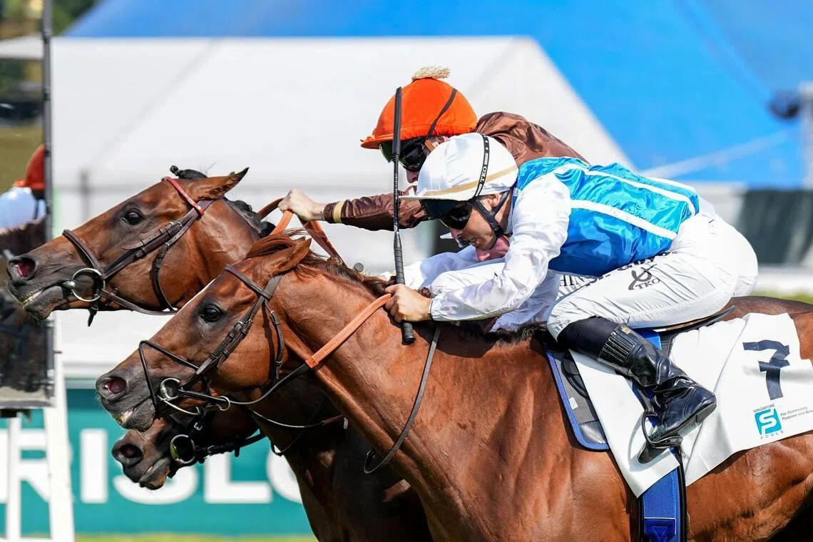 Khovikhov's connections including trainer Maurico Delcher Sanchez (fourth from left) and jockey Alexis Pouchin (fifth from left), celebrating their galloper's win in the Group 3 Singapore Pools Prix de la Porte Maillot (1,400m) at ParisLongchamp alongside France Galop clerk of the course Charles de Cordon (left), Singapore Pools CEO Lam Chee Weng (third from right), chief product officer Simon Leong (second from right) and Pari Mutuel Urbain international director Aymeric Verlet (right).
