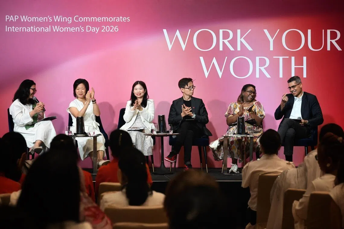From left: 
Hazlina Abdul Halim, IWD 2026 Organising Chairperson , Sim Ann, Chairperson, PAP Women?s Wing , Pauline Loo, Senior Vice President (Human Resources), Nippon Sanso Holdings Corporation, Ang Yuit, President, Association of Small & Medium Enterprises, Pravita Nithiah Nandan, former NTUC Union Leader, National Transport Workers? Union and Member of the Tripartite Workgroup on FWAs and Aslam Sardar, Chief Executive Officer, Institute for Human Resource Professionals at a panel discussion during the PAP Women?s Wing Commemorates International Women?s Day 2026 event on March 7, 2026.