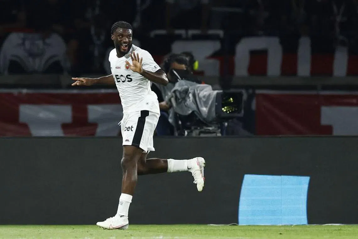 Soccer Football - Ligue 1 - Paris St Germain v OGC Nice - Parc des Princes, Paris, France - September 15, 2023 OGC Nice's Terem Moffi celebrates after Gaetan Laborde scores their second goal REUTERS/Gonzalo Fuentes/File Photo